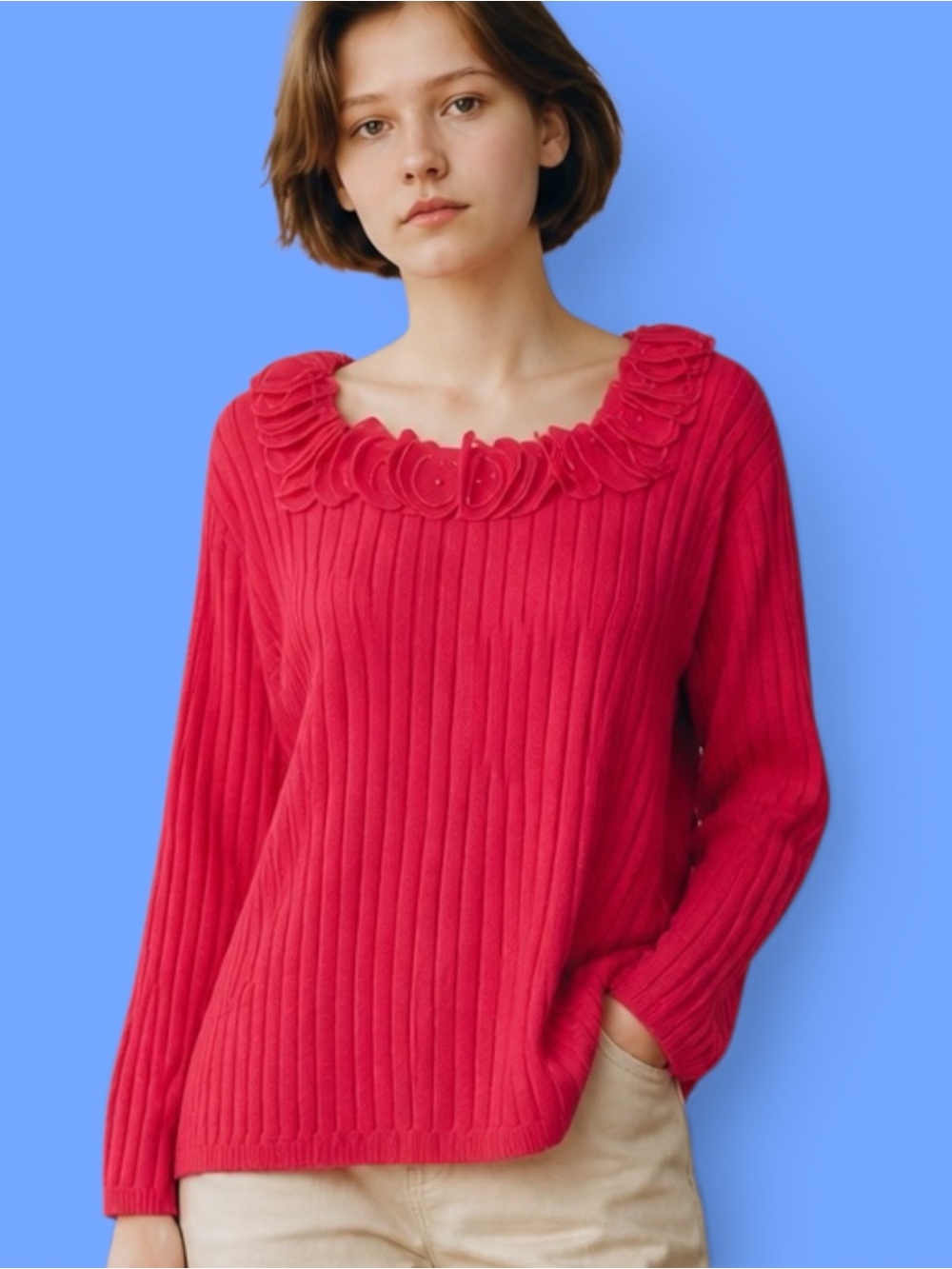 EVIE Pink Crew Neck Sweater with Ribbed Texture